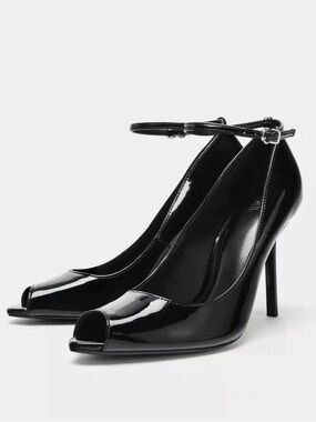 Zara Black Patent Peep-Toe Ankle-Strap Heels One Shoe Singel Pump Right Foot